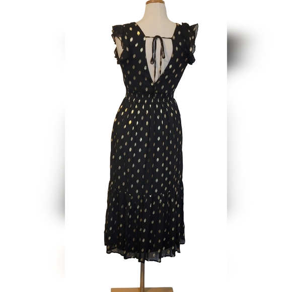 Lulus Sheer Metallic Polka Dot Ruffle Smocked Tie Cocktail Wedding Guest Dress - Picture 7 of 11